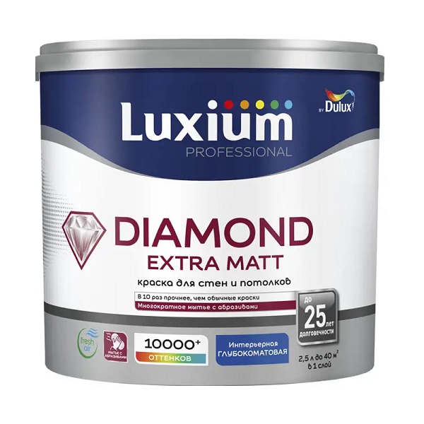 Краска LUXIUM Professional Diamond Extra Matt Глубокоматовая для стен и потолков, 2,5л