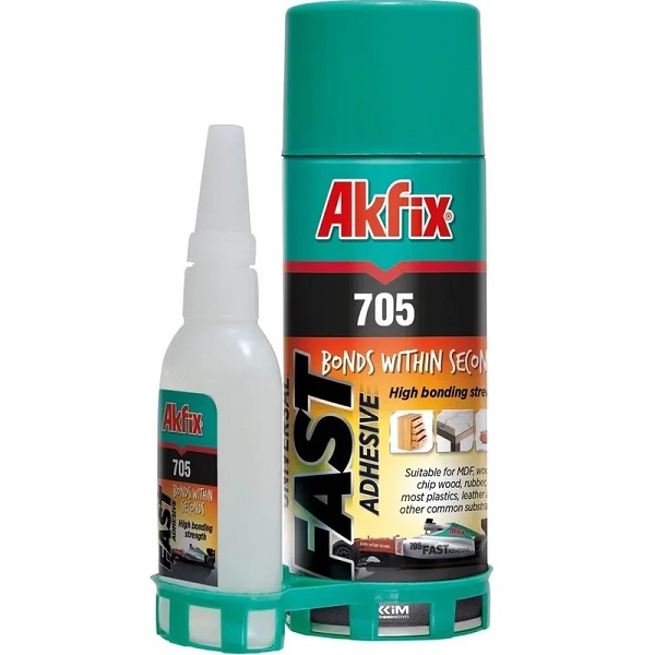 AKFIX 705 набор для экспресс склеивания, супер клей 50г+ 200мл (аэрозоль-активатор)