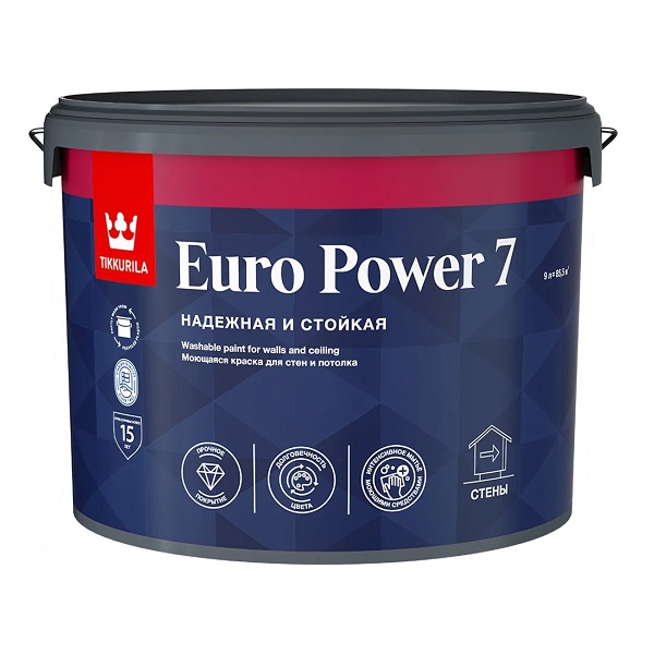 Краска Tikkurila Euro Power 7 для стен и потолков, стойкая, матовая,  0,9л C