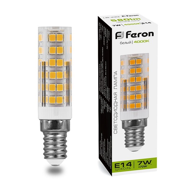 Лампа светодиодная Feron Е14  7Вт 4000K прозрачный цилиндр LB-433