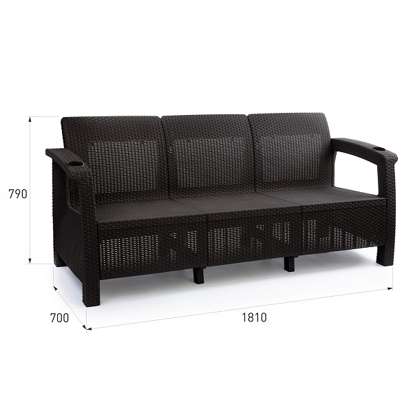 Диван пластиковый Ротанг-плюс АЛЬТЕРНАТИВА 1880х700х790 мм, 3-х местный, без подушки, мокко
