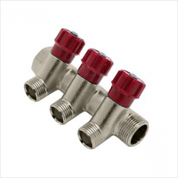 Коллектор VALTEC d20 (3/4) нар.резьба  3 вых. х1/2 НИКЕЛЬ с рег. вентилями