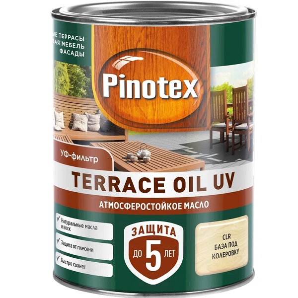 Масло деревозащитное PINOTEX TERRACE OIL UV для террас и садовой мебели, бесцветное, 0,9л