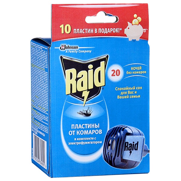 Комплект RAID от комаров: электрофумигатор + 10 пластин, 10 ночей