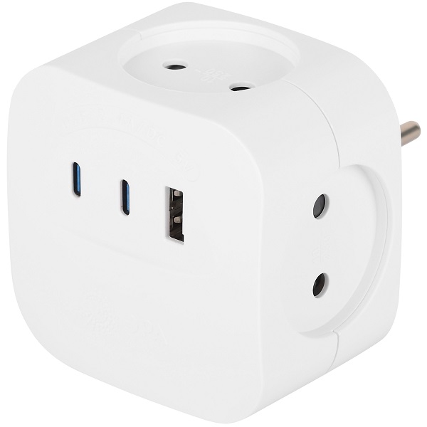 ЭРА Разветвитель сетевой на 4 гнезда без заземления со шторками + 3 USB A+C, белый 
