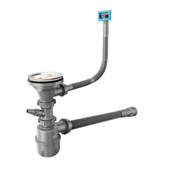 Сифон для мойки IDDIS 3 1/2"х40 мм с выпуском, гофротрубой, отводом и переливом, серый