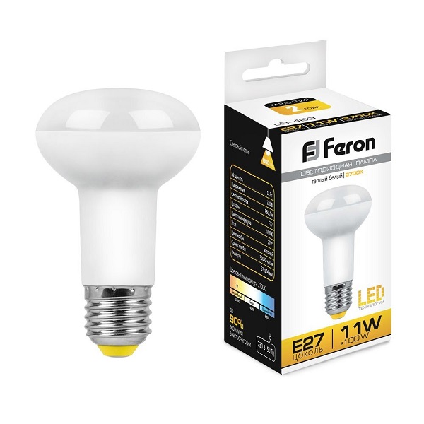 Лампа светодиодная R63 Feron Е27, LED11Вт, 860лм, 2700K теплый свет, LB-463
