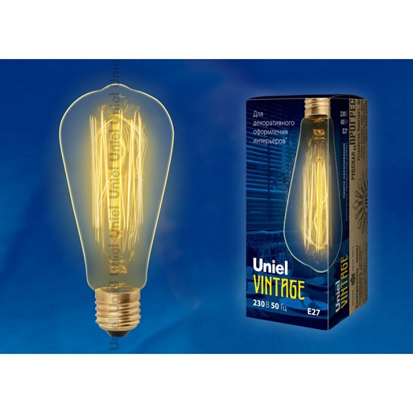 Лампа накаливания UNIEL Vintage Е27, 60Вт, 300лм IL-V-ST64-60/GOLDEN/E27