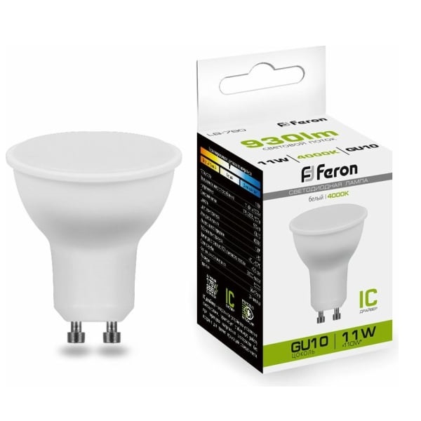 Лампа светодиодная Feron GU10, LED 11Вт, 230В, 4000К белый свет, LB-760